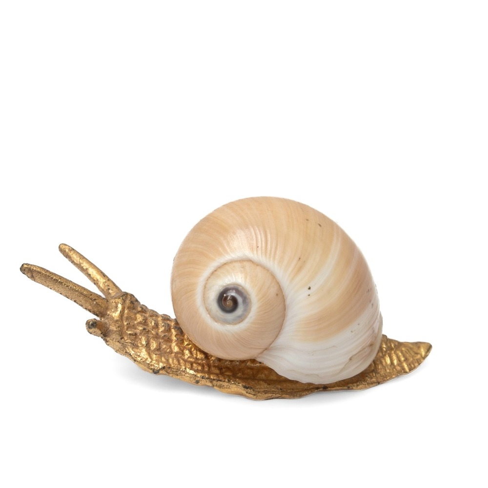 Vintage Snail Figurine Natural Shell Gold Metal 1" x 2 1/4"